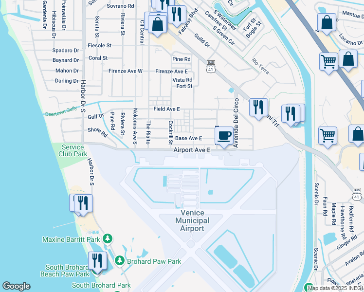 map of restaurants, bars, coffee shops, grocery stores, and more near 231 Airport Avenue East in Venice