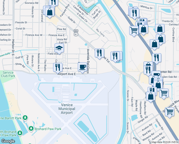 map of restaurants, bars, coffee shops, grocery stores, and more near 460-498 Base Avenue East in Venice