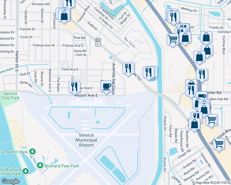 map of restaurants, bars, coffee shops, grocery stores, and more near 460 Base Avenue East in Venice