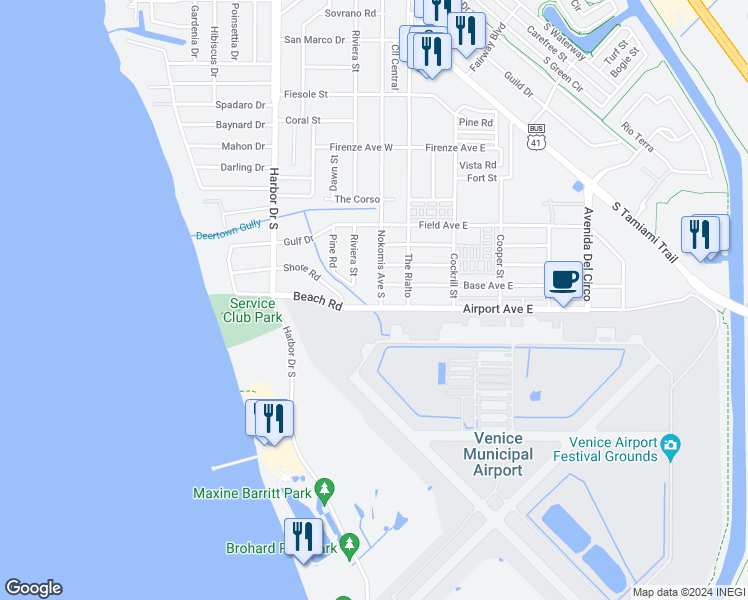 map of restaurants, bars, coffee shops, grocery stores, and more near 1400 Nokomis Avenue South in Venice