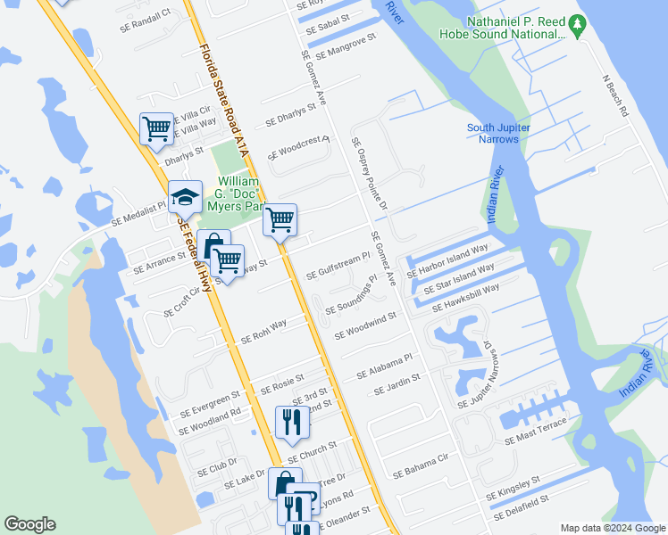 map of restaurants, bars, coffee shops, grocery stores, and more near 8546 Pine Lane in Hobe Sound