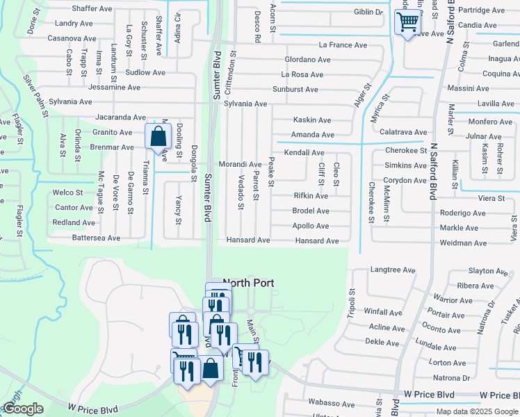 map of restaurants, bars, coffee shops, grocery stores, and more near 2410 Parrot Street in North Port