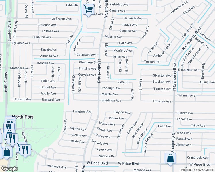 map of restaurants, bars, coffee shops, grocery stores, and more near 3893 Caballero Avenue in North Port