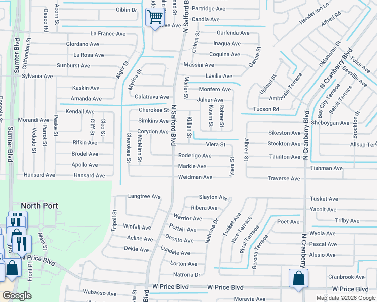 map of restaurants, bars, coffee shops, grocery stores, and more near 3893 Caballero Avenue in North Port
