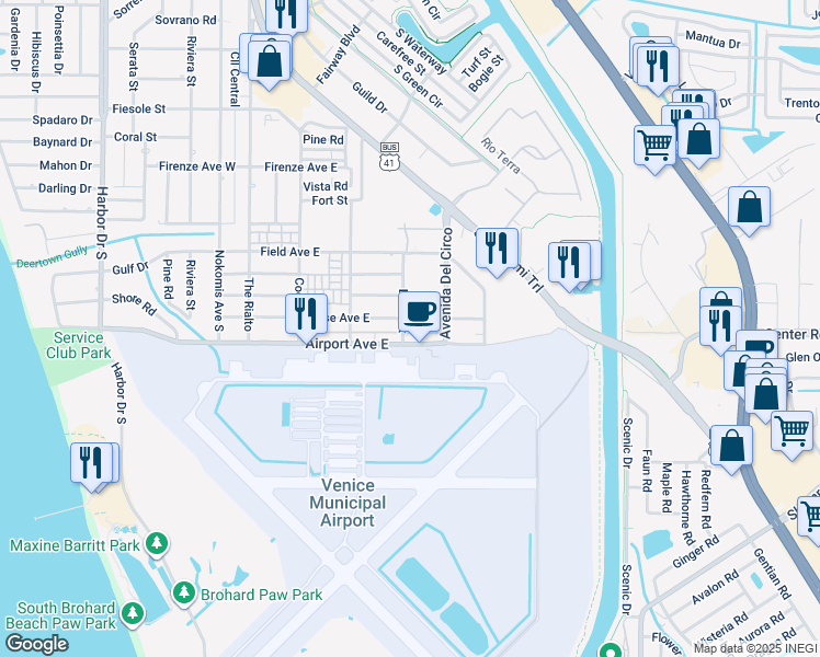 map of restaurants, bars, coffee shops, grocery stores, and more near 380 Base Avenue East in Venice