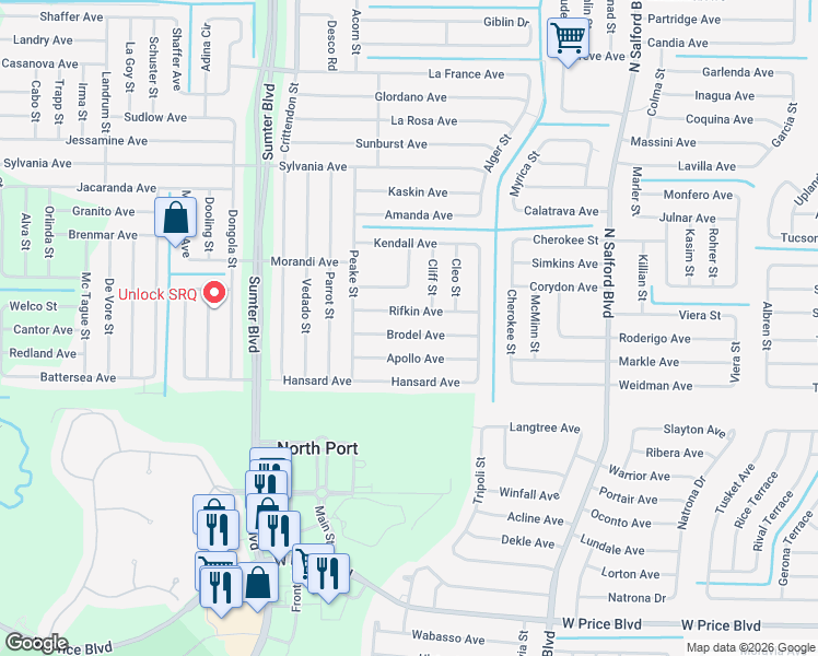 map of restaurants, bars, coffee shops, grocery stores, and more near 4414 Brodel Avenue in North Port