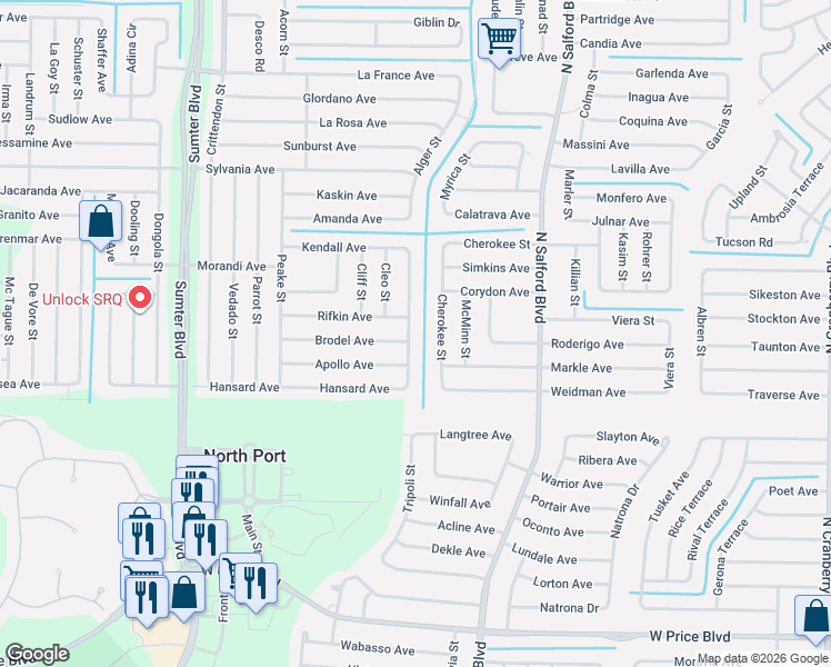 map of restaurants, bars, coffee shops, grocery stores, and more near 2356 Belvidere Street in North Port