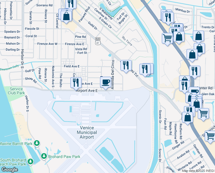 map of restaurants, bars, coffee shops, grocery stores, and more near 460 Base Avenue East in Venice
