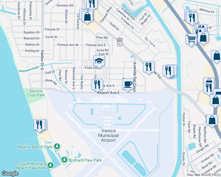 map of restaurants, bars, coffee shops, grocery stores, and more near 320 Base Avenue East in Venice