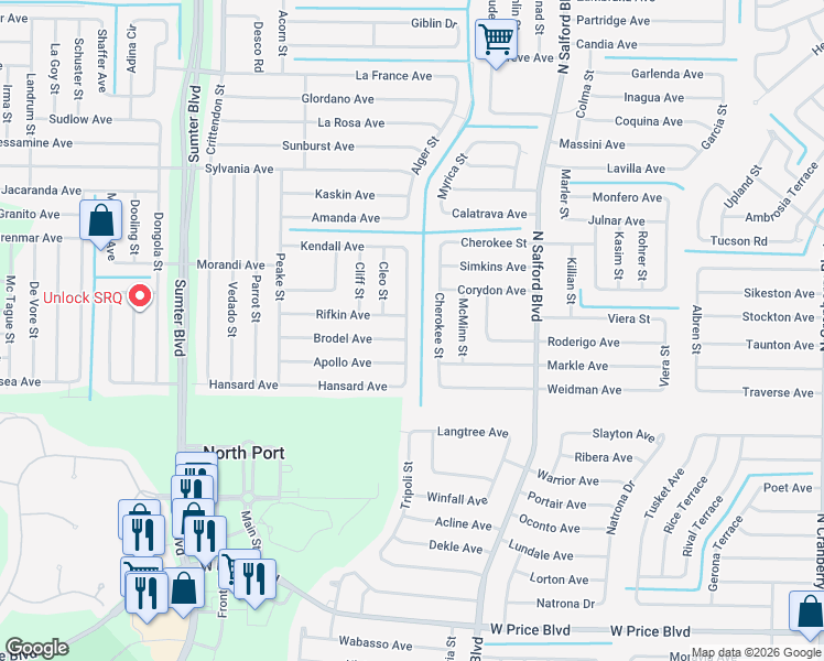 map of restaurants, bars, coffee shops, grocery stores, and more near 2356 Belvidere St in North Port