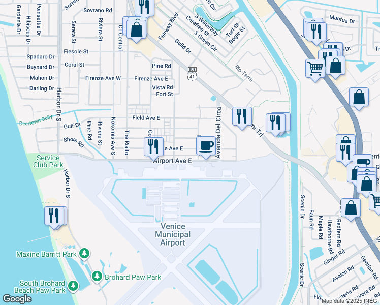 map of restaurants, bars, coffee shops, grocery stores, and more near 380 Base Avenue East in Venice
