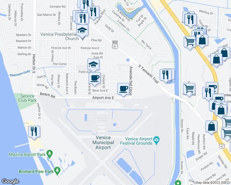 map of restaurants, bars, coffee shops, grocery stores, and more near 380 Base Avenue East in Venice