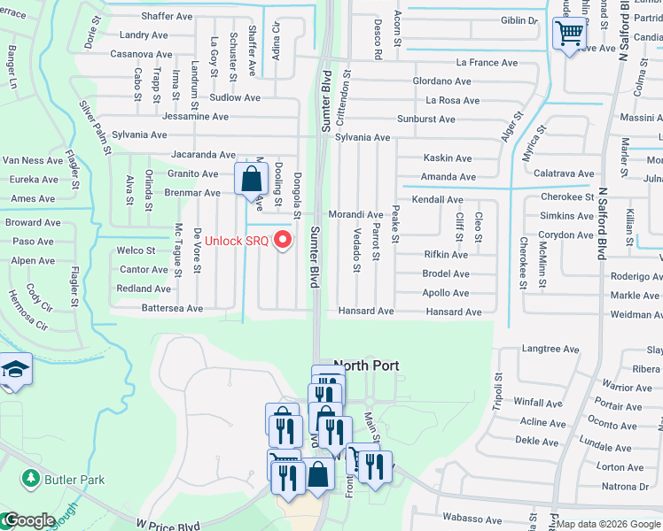 map of restaurants, bars, coffee shops, grocery stores, and more near 2398 Dongola Street in North Port