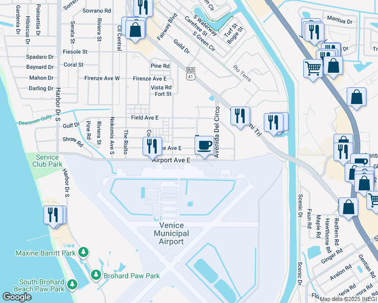 map of restaurants, bars, coffee shops, grocery stores, and more near 380 Base Avenue East in Venice