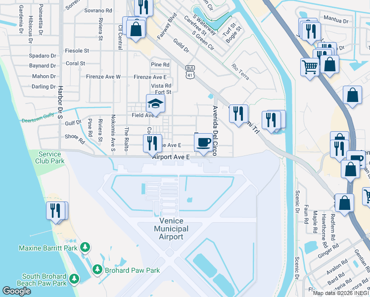 map of restaurants, bars, coffee shops, grocery stores, and more near 320 Base Avenue East in Venice
