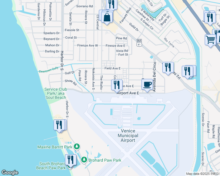 map of restaurants, bars, coffee shops, grocery stores, and more near 120 Base Avenue West in Venice