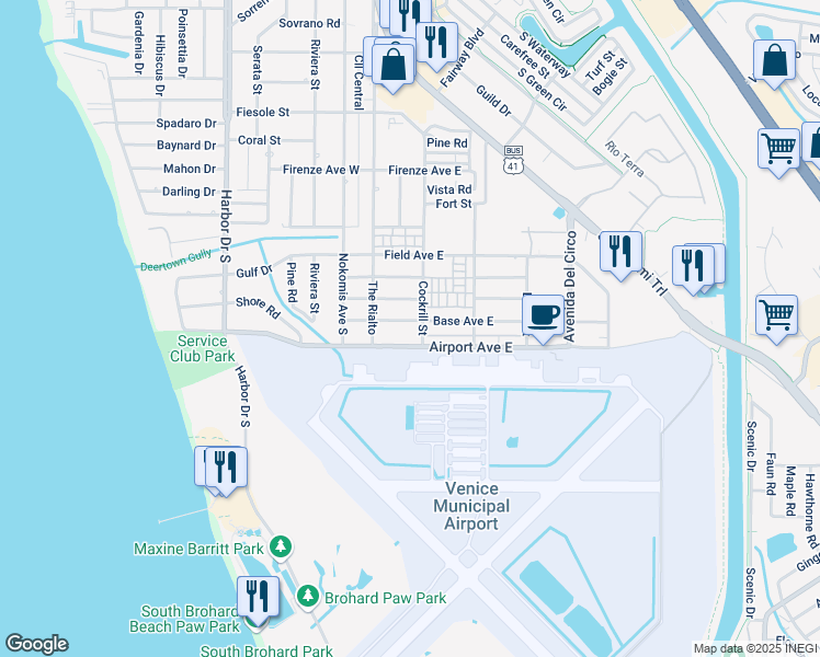 map of restaurants, bars, coffee shops, grocery stores, and more near 120 Base Avenue West in Venice