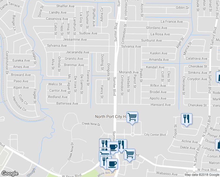 map of restaurants, bars, coffee shops, grocery stores, and more near 2398 Dongola Street in North Port