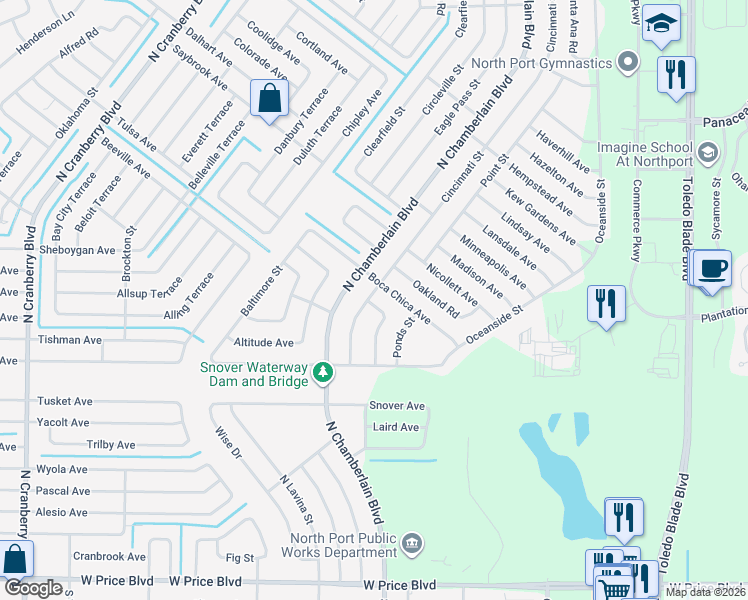map of restaurants, bars, coffee shops, grocery stores, and more near 2480 Saginaw Road in North Port