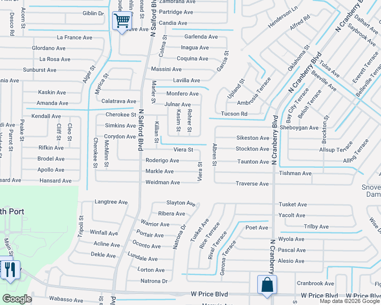 map of restaurants, bars, coffee shops, grocery stores, and more near 3605 Viera Street in North Port
