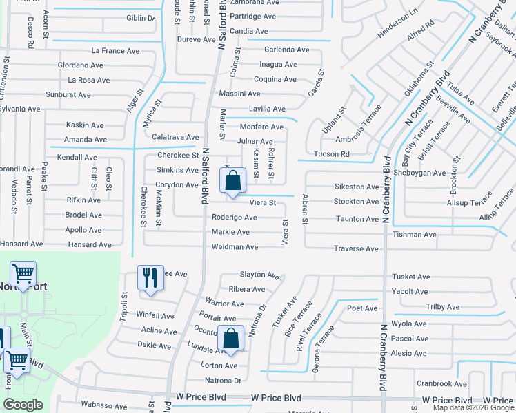 map of restaurants, bars, coffee shops, grocery stores, and more near 3749 Viera Street in North Port