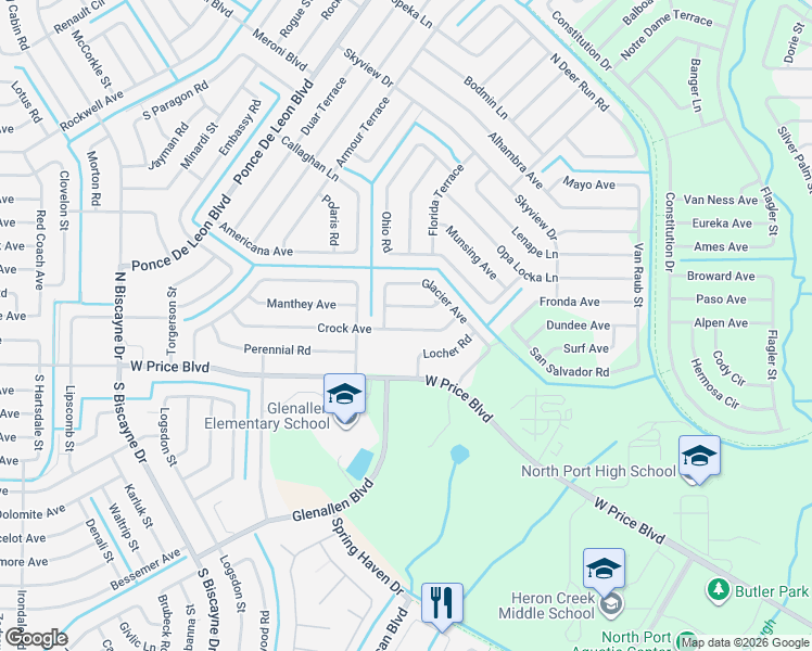 map of restaurants, bars, coffee shops, grocery stores, and more near 6874 Crock Avenue in North Port