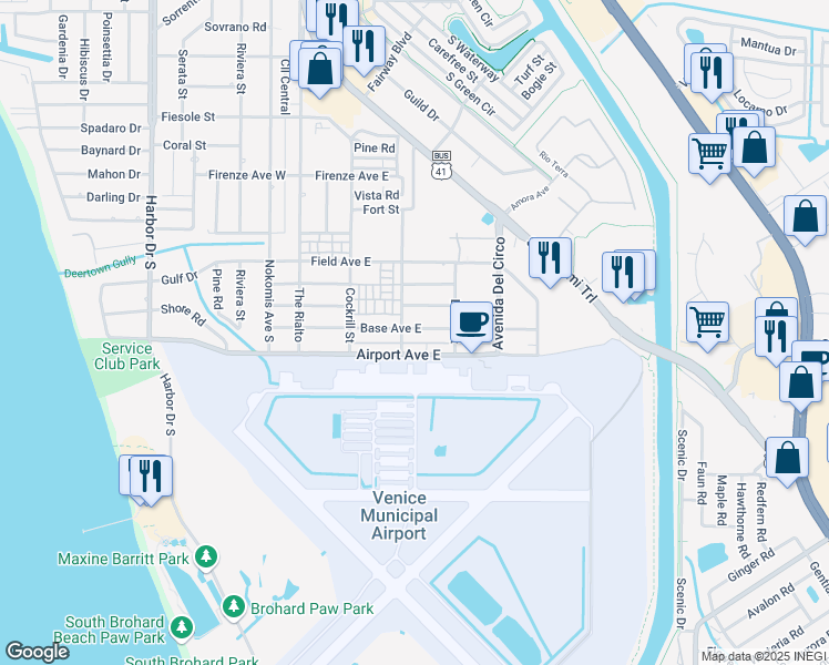 map of restaurants, bars, coffee shops, grocery stores, and more near 320 Base Avenue East in Venice