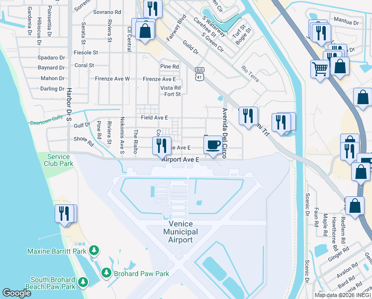 map of restaurants, bars, coffee shops, grocery stores, and more near 360 Base Avenue East in Venice