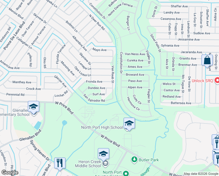 map of restaurants, bars, coffee shops, grocery stores, and more near 6116 Dundee Avenue in North Port
