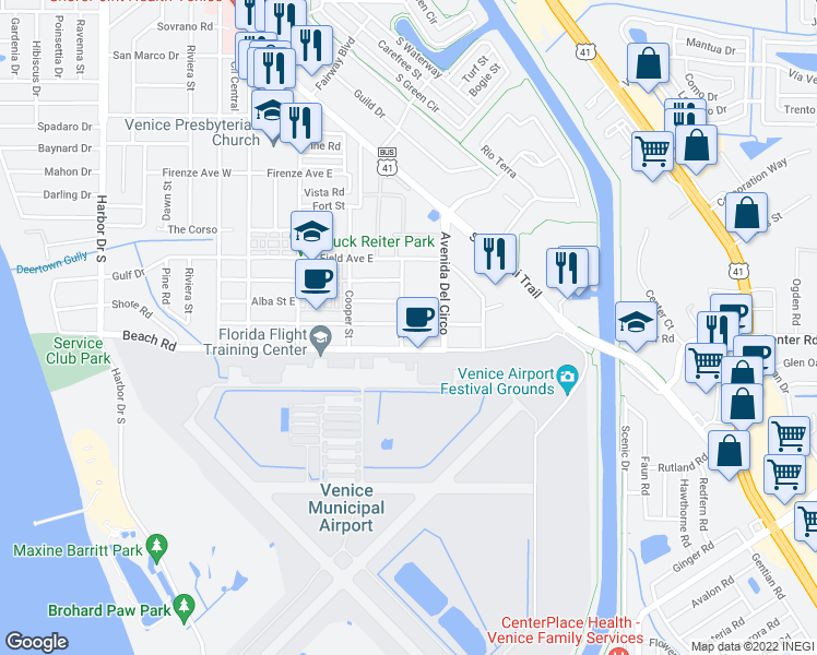 map of restaurants, bars, coffee shops, grocery stores, and more near 380 Base Avenue East in Venice