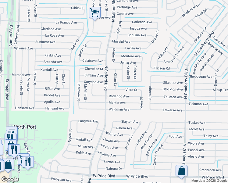 map of restaurants, bars, coffee shops, grocery stores, and more near 3893 Caballero Ave in North Port