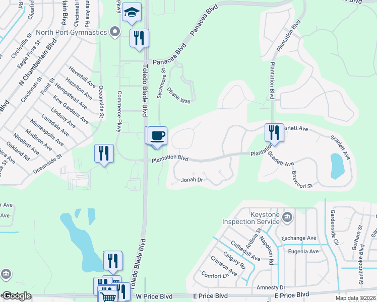 map of restaurants, bars, coffee shops, grocery stores, and more near 2418 Magnolia Circle in North Port