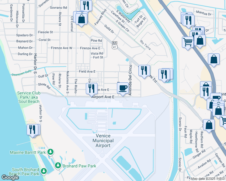 map of restaurants, bars, coffee shops, grocery stores, and more near 380 Base Avenue East in Venice