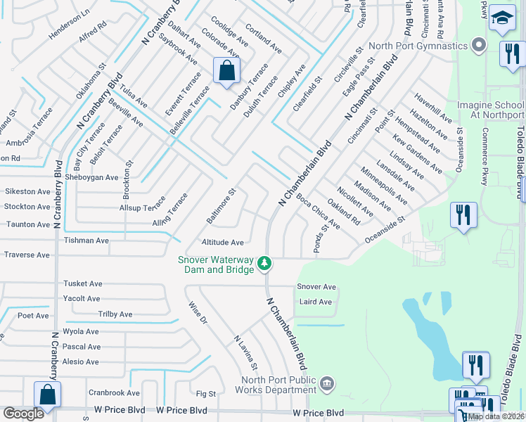 map of restaurants, bars, coffee shops, grocery stores, and more near 2306 Burlington Street in North Port