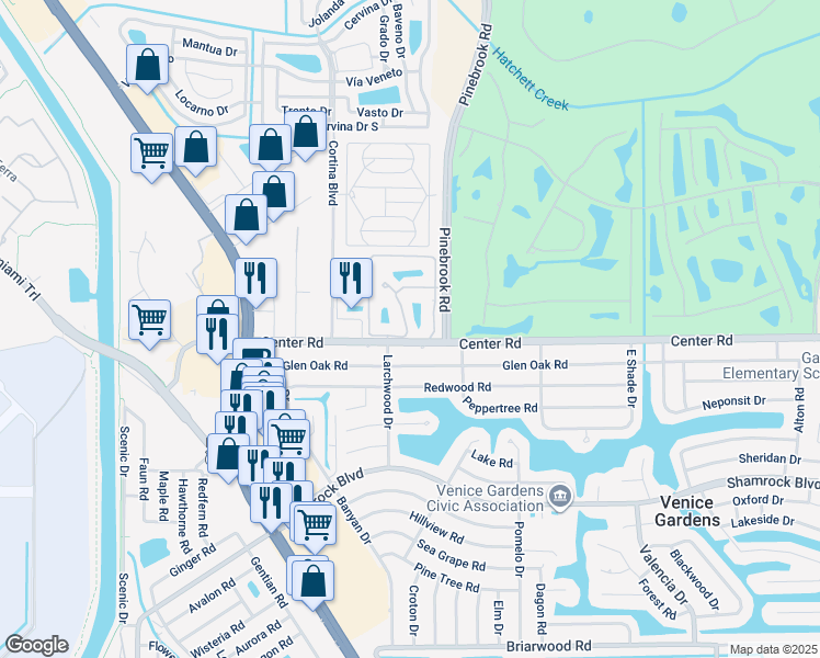 map of restaurants, bars, coffee shops, grocery stores, and more near 375D 3 Lakes Lane in Venice