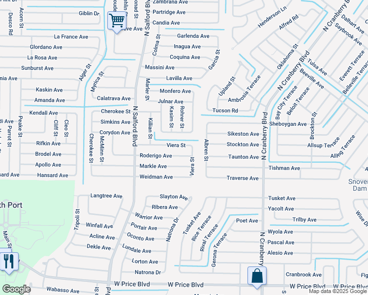 map of restaurants, bars, coffee shops, grocery stores, and more near 3605 Viera Street in North Port