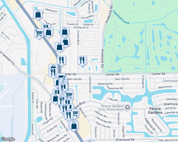 map of restaurants, bars, coffee shops, grocery stores, and more near 255B Mission Trail South in Venice