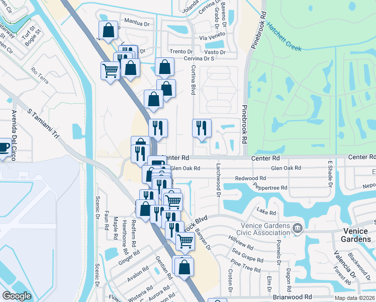 map of restaurants, bars, coffee shops, grocery stores, and more near 101 Cortina Boulevard in Venice