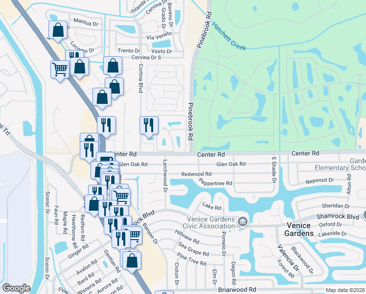 map of restaurants, bars, coffee shops, grocery stores, and more near 400 Mission Trail East in Venice