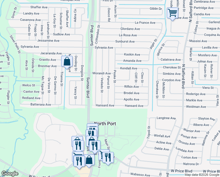 map of restaurants, bars, coffee shops, grocery stores, and more near 2410 Parrot Street in North Port