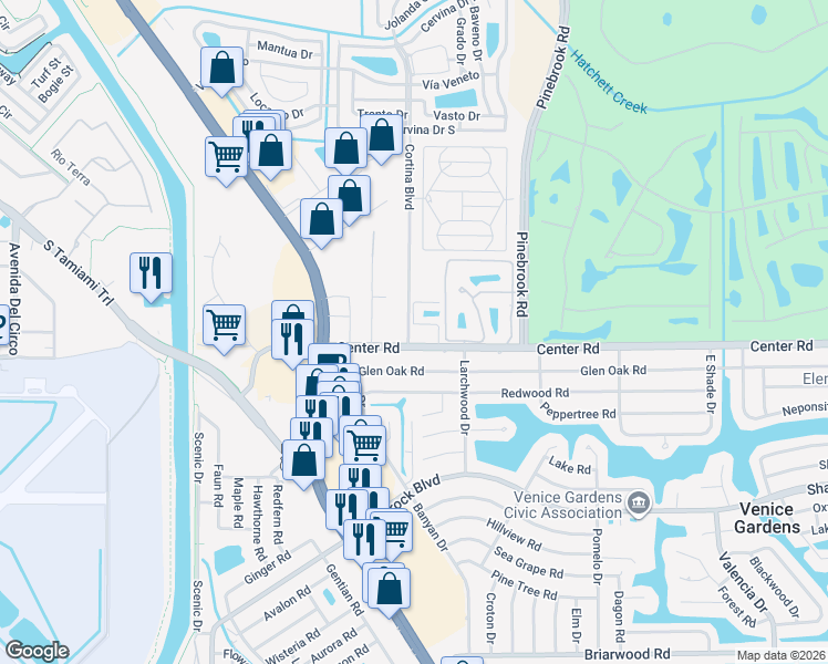 map of restaurants, bars, coffee shops, grocery stores, and more near 101 Cortina Boulevard in Venice