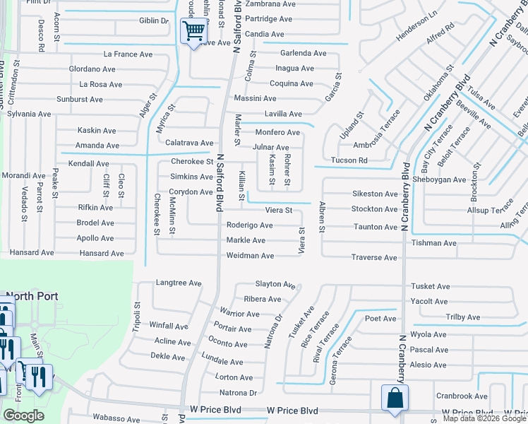 map of restaurants, bars, coffee shops, grocery stores, and more near 3749 Viera Street in North Port
