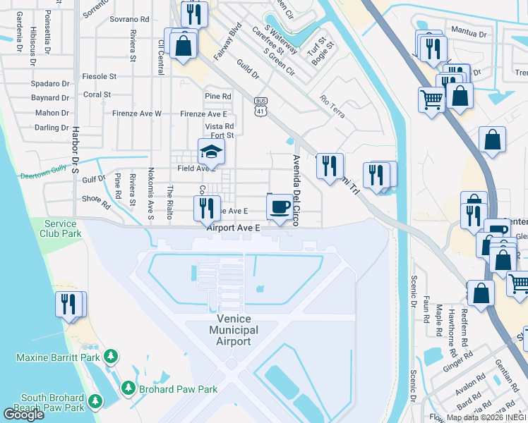 map of restaurants, bars, coffee shops, grocery stores, and more near 325 Base Avenue East in Venice