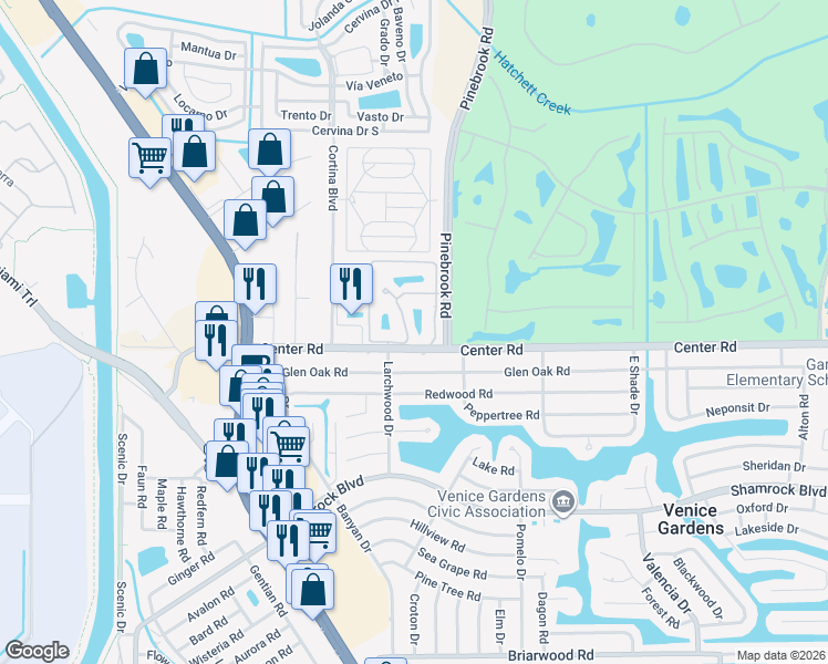 map of restaurants, bars, coffee shops, grocery stores, and more near 255B Mission Trail South in Venice