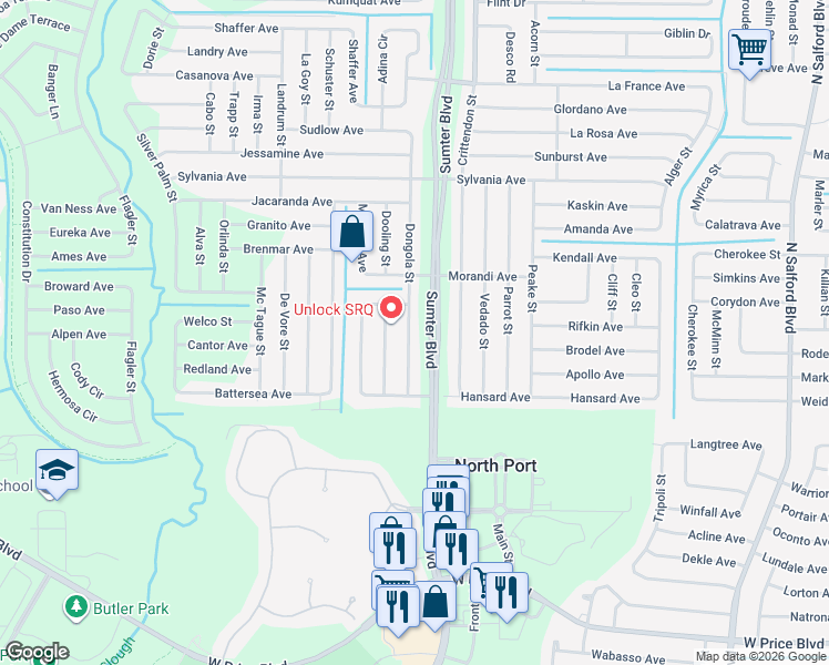 map of restaurants, bars, coffee shops, grocery stores, and more near 2422 Dongola Street in North Port