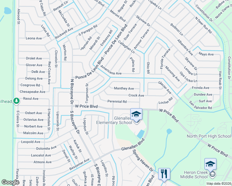 map of restaurants, bars, coffee shops, grocery stores, and more near 7426 Crock Avenue in North Port