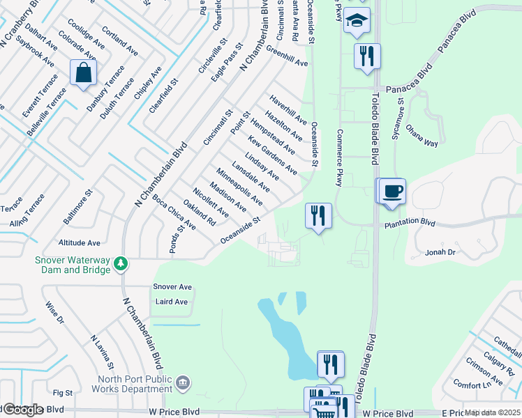 map of restaurants, bars, coffee shops, grocery stores, and more near 1423 Minneapolis Avenue in North Port