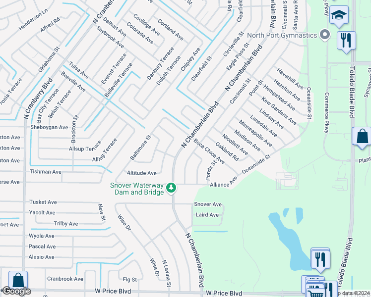 map of restaurants, bars, coffee shops, grocery stores, and more near 2348 North Chamberlain Boulevard in North Port