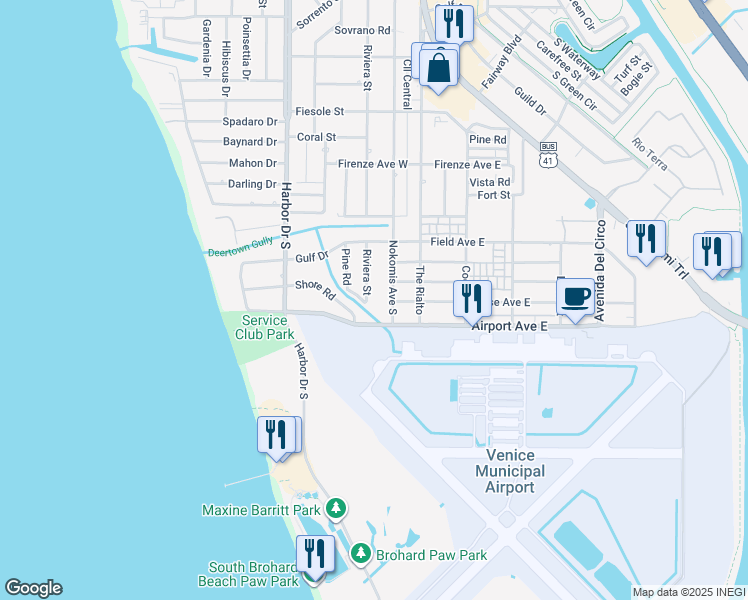 map of restaurants, bars, coffee shops, grocery stores, and more near 1400 Nokomis Avenue South in Venice