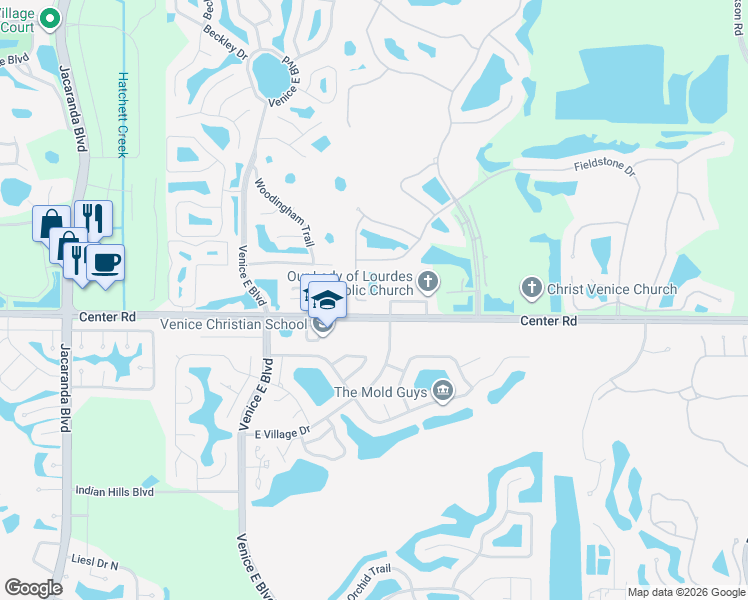 map of restaurants, bars, coffee shops, grocery stores, and more near 101 Wayforest Drive in Venice